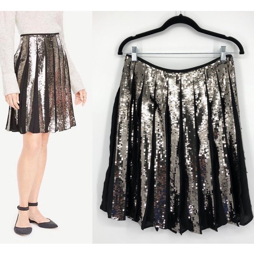 Ann Taylor Skirt Womens 4 Sequin Full Skirt Pleated Silver Black Sparkly Elegant